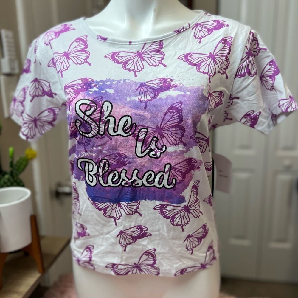On Fire She Is Blessed Butterfly Graphic Tee Lace Up Back Christian Shirt Size L